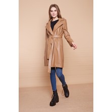 Kuşaklı Ekolojik Suni Deri Uzun Diz Altı Spor Ceket Trençkot-Koyu Bej