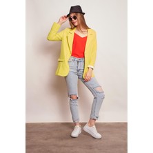 Yakalı Kolu Katlamalı Cep Kapaklı Salaş Boyfriend Oversize Hafif Likralı Kumaş Blazer Ceket-Neon Sarı