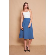 Kadın Yüksek Bel Diz Altı Hafif Likralı Kumaş Çan Etek-Dirty Blue