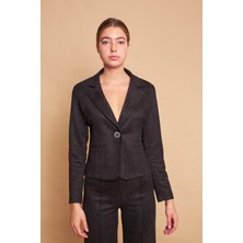 Hafif Likralı Süet Kumaş Flato Cepli Uzun Kol Kısa Blazer Ceket-Siyah