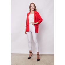 Yazlık Likrasız Keten Kumaş Yakalı Cep Kapaklı Oversize Blazer Ceket-Koyu Mercan