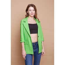 Metal Düğme Detaylı Cep Kapaklı Truvakar Kol Likralı Kumaş Blazer Spor Uzun Ceket-Fıstık Yeşili