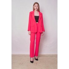Kadın Yakalı Cep Kapaklı Uzun Kol Hafif Likralı Kumaş Oversize Blazer Ceket(Pantolonu Jument 40075)-MERCAN