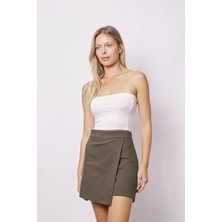 Kadın Pamuklu Hafif Likralı Kalın Kumaş Yüksek Bel Ara Boy Şort Etek-Haki