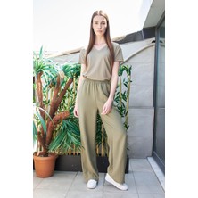 Keten Yüksek Bel Beli Lastikli Yan Cepli Bol Paça Pantolon -Haki