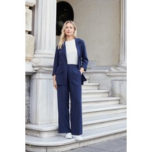 Kadın Ipeksi Dokulu Modal Yüksek Bel Yan Cepli Arkası Lastikli Bol Paça Salaş Palazzo Pantolon-Lacivert