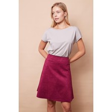 Hafif Likralı Süet Kumaş Yüksek Bel Diz Üstü Kısa Kiloş Etek-Bordo