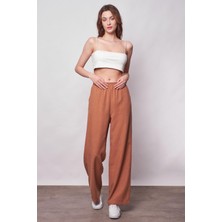 Keten Yüksek Bel Beli Lastikli Yan Cepli Bol Paça Pantolon -Camel