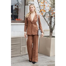 Palazzo Yüksek Bel Ön Dikişli Bol Paça Hafif Likralı Süet Kumaş Pantolon-Taba