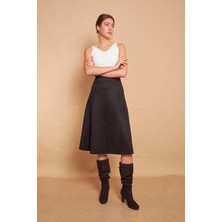 Hafif Likralı Süet Kumaş Yüksek Bel Kiloş Uzun Etek-Siyah