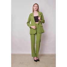 Kadın Yüksek Bel Yan Cepli Boru Paça Şık Kırışmaz Hafif Likralı Kumaş Klasik Pantolon(Ceket Jument 30074)-FISTIK Yeşili