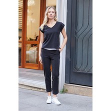 Kadın Modal Ipeksi Likralı Kumaş Yüksek Bel Önden Dikişli Cepli Dar Paça Pantolon-Siyah