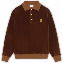 Kontrast Dikişli Kahverengi Kadife Polo Tişört - Drôle Nakışlı, Modern ve Rahat