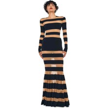 Spliced Dress Fishtail Gown - Uzun Kollu, Fit & Flare, Şeffaf Dantel Detaylı Elbise