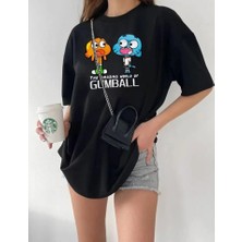 Yeni Sezon Oversize Pamuklu Bisiklet Yaka Gumball Darwin Cartoon Baskılı Konfor Modeli Günlük Tshirt