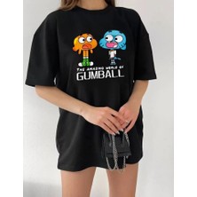 Yeni Sezon Oversize Pamuklu Bisiklet Yaka Gumball Darwin Cartoon Baskılı Konfor Modeli Günlük Tshirt