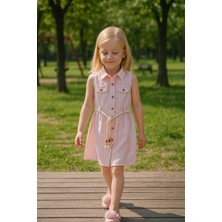 Oryeda Kız Çocuk Elbise  |  Kız Çocuk Pembe Çizgili Pamuklu Yazlık Elbise | Kolsuz Düğmeli Gömlek Modeli + Halat Kemerli | Günlük, Tatil, Doğal Kombin