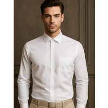 Erkek Regular (Geniş Kesim) Pamuk Saten Beyaz Pamuklu Cepli Gömlek