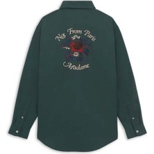 Dark Green 'slogan Fleurs' Nakışlı Uzun Kollu Gömlek - Şık ve Rahat Tasarım