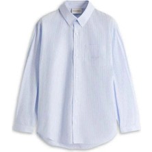 100% Pamuk Işıltılı Mavi Çizgili Gömlek - Uzun Kollu ve Ikonik 'drôle' Nakış