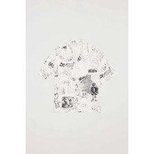 Domrebel Tasarımlı Kısa Kollu Bowling Yaka Yardımcı Gömlek - Rahat Kesim, Şık Twill Kumaş