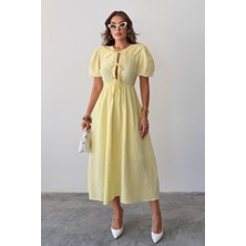 Bağcık Detaylı Beli Büzgülü Müslin Elbise Sarı 9362-E