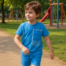 Erkek Çocuk Yazlık Şortlu Takım | Mavi Cep Detaylı Pamuklu Tişört + Fitilli Şort | Günlük Spor Kombin, Park ve Tatil Giyim