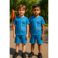 Erkek Çocuk Yazlık Şortlu Takım | Mavi Cep Detaylı Pamuklu Tişört + Fitilli Şort | Günlük Spor Kombin, Park ve Tatil Giyim