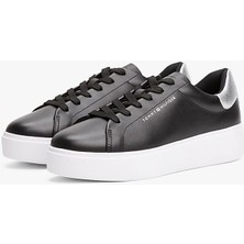 Kadın Metalik Detaylı Platform Tabanlı Kort Sneaker - Siyah