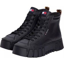 Kadın Leopar Detaylı Platform Tabanlı Bilekli Sneaker - Siyah