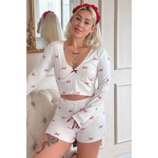 Beyaz Fiocco Pigiama Desenli Dantelli Örme Uzun Kol Şortlu Kadın Pijama Takımı