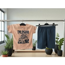 Erkek Çocuk Yazlık Şortlu Takım | The Ocean Is Calling Baskılı Tişört + Yeşil/mavi Şort | Günlük Kombin, Tatil, Park Giyim