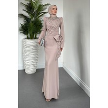 Lalissa Yandan Fiyonklu Taşlı Krep Abiye Vizon