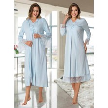Dvina Effortt Lohusa Sabahlıklı Gecelik Takımı Mavi - 7045