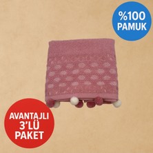 Tuula 3'lü Ponponlu Gül Pembe El ve Yüz Havlusu (50X85)