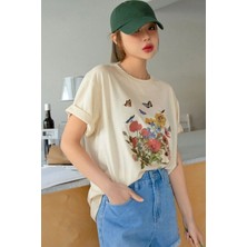 Unisex Pamuklu Butterfly Flowers Ön Baskılı Tasarım Tshirt