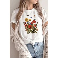 Unisex Pamuklu Butterfly Flowers Ön Baskılı Tasarım Tshirt