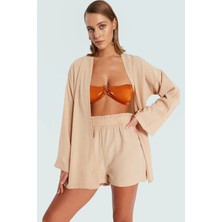 Rahat Yazlık Şortlu Kimono Takım Dokuma V Yaka Plaj Modası Mükemmel Uyum Trend Tasarım