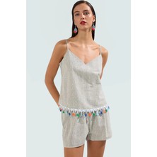 Yazlık Plaj Takımı Nefes Alabilir Pamuklu Bluz ve Şort Püskül Detaylı Dayanıklı Malzeme