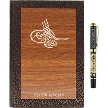 Kalemedair Kişiye Özel Lüks Ahşap Defter ve Roller Kalem Seti - Osmanlı Armalı