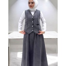 V Yaka Yelekli Etekli Kot Takım -Füme