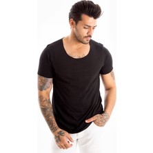 DeepSEA Siyah Geniş Yaka Likralı Tişört Oval Yaka Slim Fit Eteği Oval Açık Yaka T-shirt 1801199
