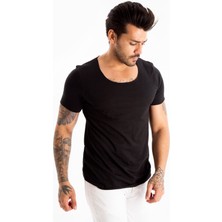 DeepSEA Siyah Geniş Yaka Likralı Tişört Oval Yaka Slim Fit Eteği Oval Açık Yaka T-shirt 1801199
