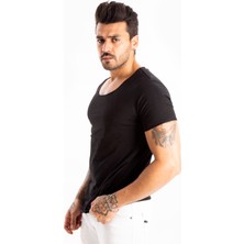 DeepSEA Siyah Geniş Yaka Likralı Tişört Oval Yaka Slim Fit Eteği Oval Açık Yaka T-shirt 1801199
