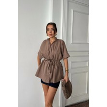 Bel Büzgü Detaylı Poplin Gömlek - Kahverengi