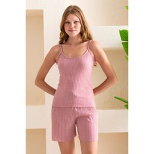 İp Askılı Şortlu Kaşkorse Kadın Pijama Takımı Pamuk Karışımlı Kumaş Gül - 6015