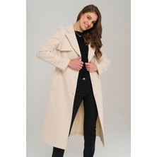 Olcay Pelerin Detaylı Düğme Kapamalı Belden Kuşaklı Kaban Ekru 3906