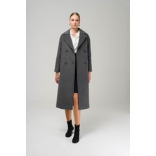 Olcay 3860-Y 1004 Koyu Gri Kadın Kruvaze Ara Boy Oversize Kaban