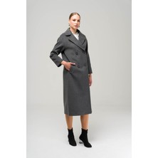 Olcay 3860-Y 1004 Koyu Gri Kadın Kruvaze Ara Boy Oversize Kaban