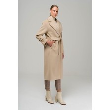 Olcay Çıt Çıt Kapamalı Kadın Kaban Bej Düz Desen Kalın Dokuma 2024 Sonbahar Kış